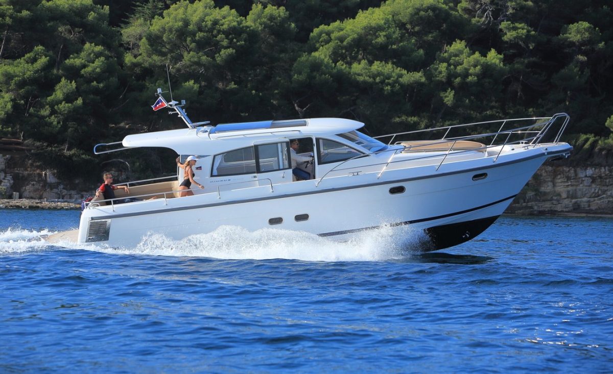 Nimbus boat in Croatia in the water on a sunny day