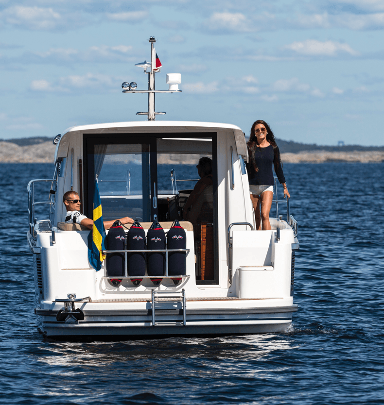 The back of a Nimbus boat in the ocean